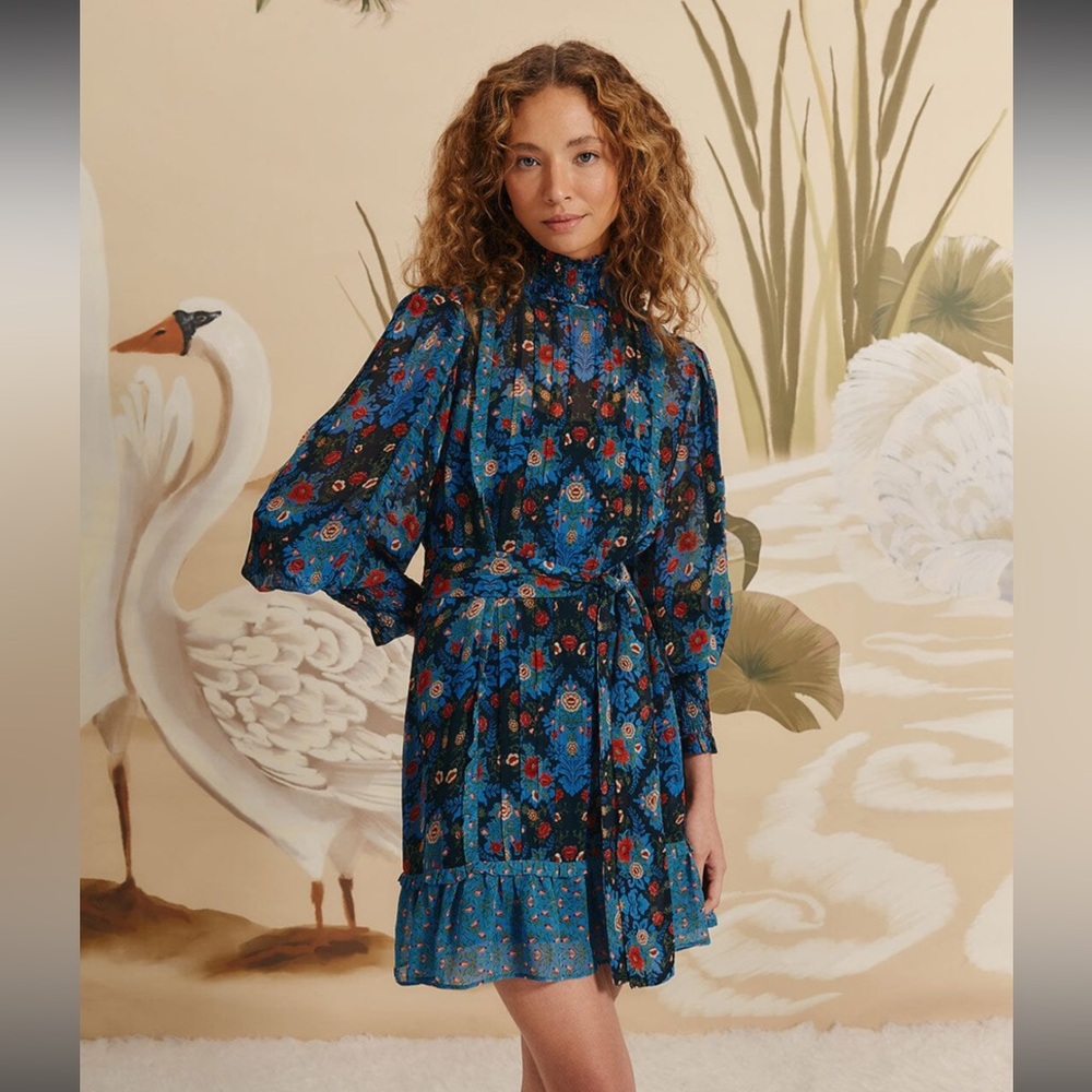 Farm Rio Blue Arabesque High Neck Mini Dress - Sz S